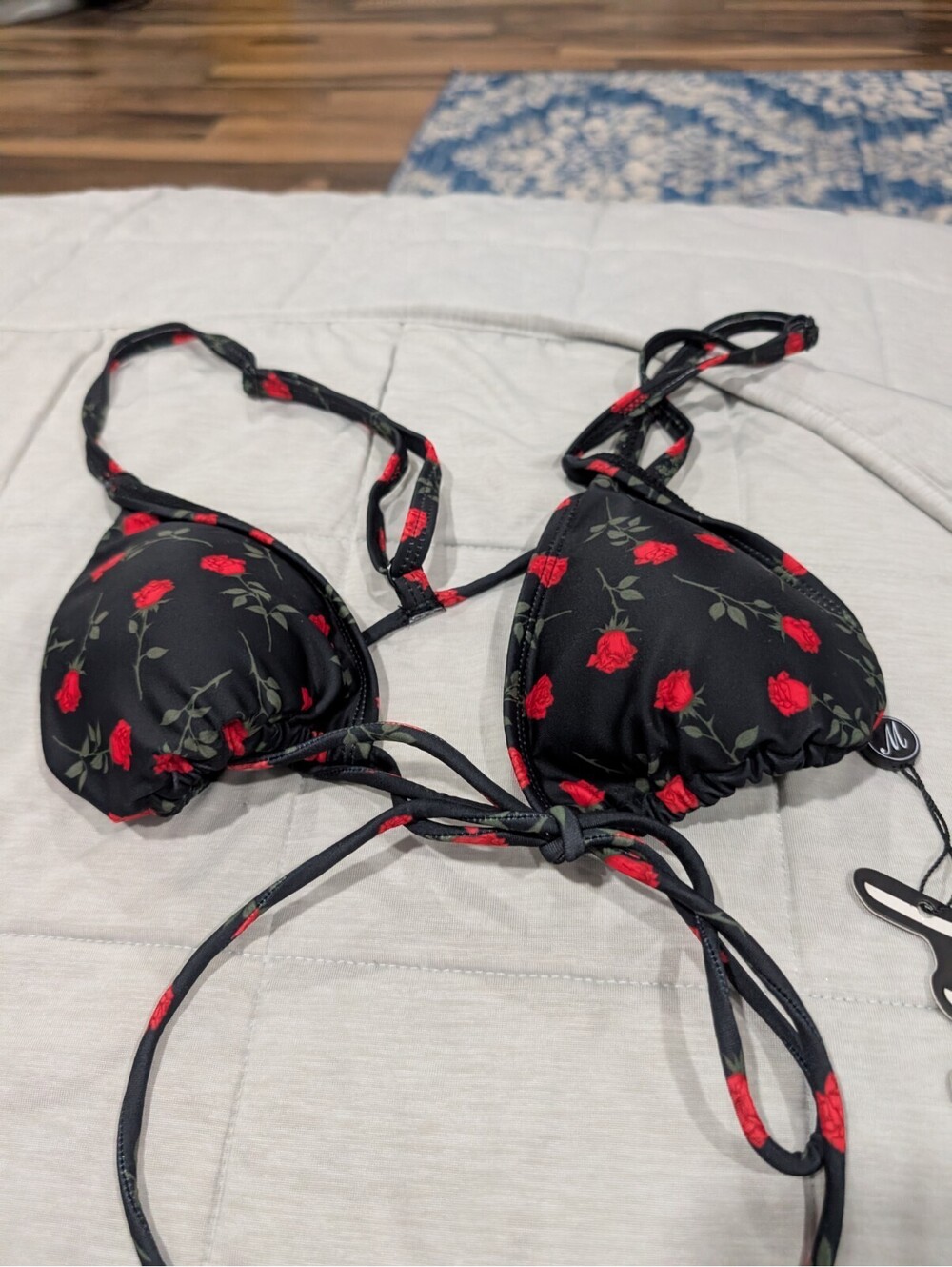 NWT Motel Rocks Women Triangle String Bikini Top Black Rose Print Small
